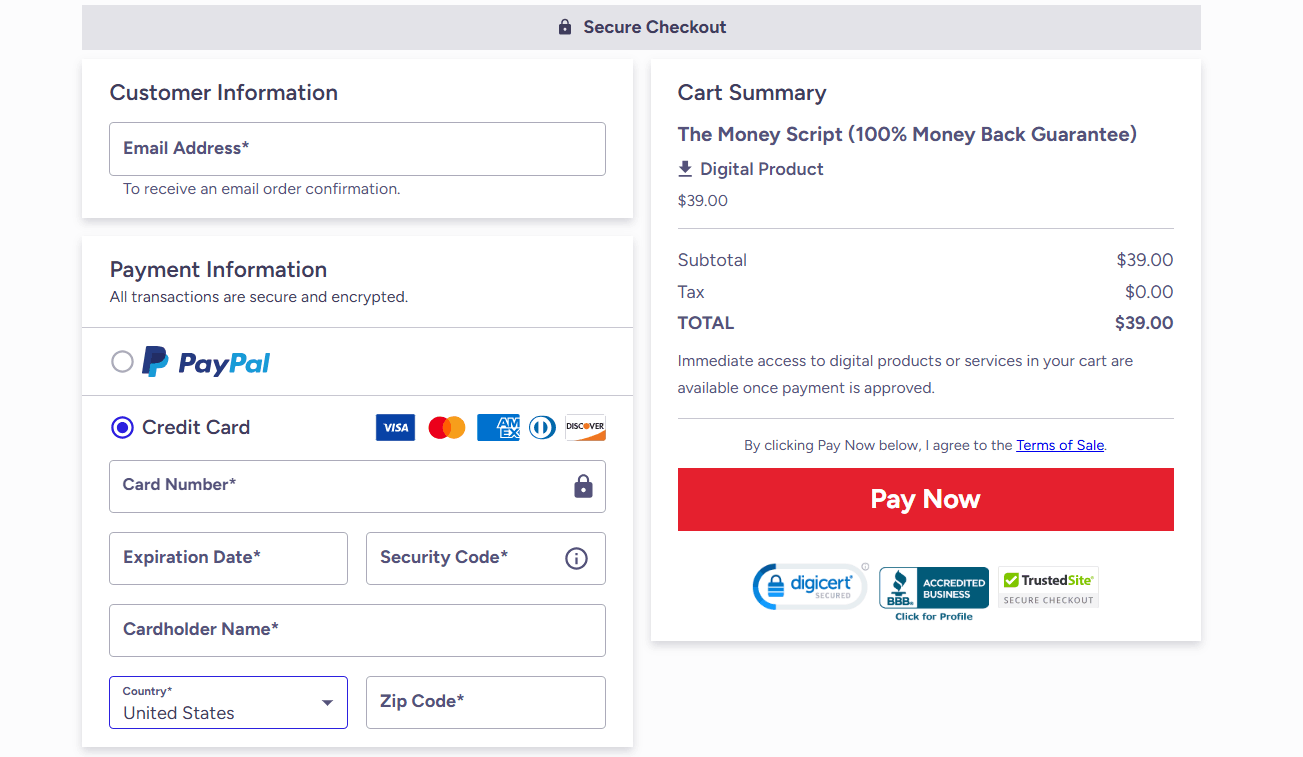 The Money Script Checkout Page